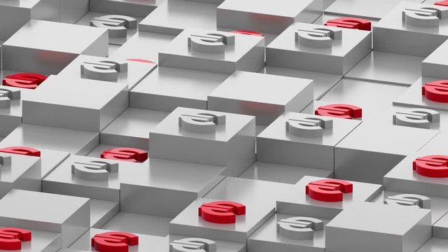 Abstract 3d render of box in perespective. Currency sign on the top of square primitives. Cubes with random height forms a geometric backround in dimetric perespective.