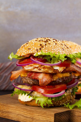 Burger With Beef, Bacon, Egg and Eggplant