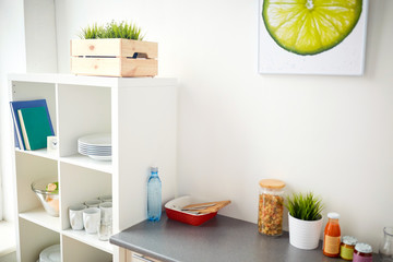 modern home kitchen interior with food on table