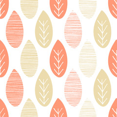 Seamless nature vector pattern. Salmon and beige leaves with lines and twigs on white background. Hand drawn abstract autumn ornament
