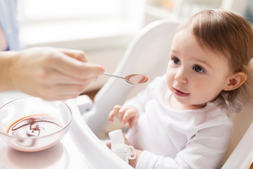 mother feeding baby with puree at home