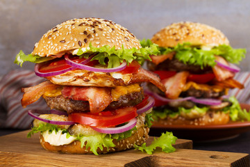 Burger With Beef, Bacon, Egg and Eggplant