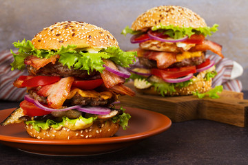 Burger With Beef, Bacon, Egg and Eggplant