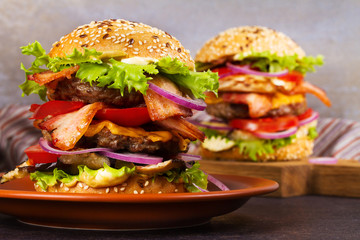 Burger With Beef, Bacon, Egg and Eggplant