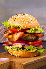 Burger With Beef, Bacon, Egg and Eggplant