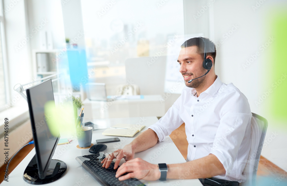 Sticker businessman with headset and computer at office