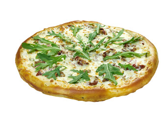 Pizza with mozzarella, chedar and tomatoes. close up