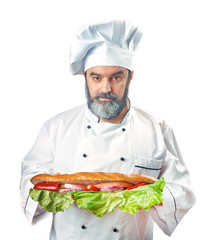  chief cook holding big sandwich