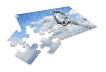 The slow construction of success and fame - Laurel wreath hand held by a bronze statue - concept image in jigsaw puzzle shape