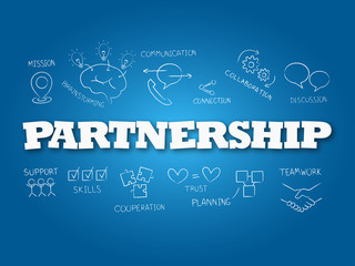 Partnership word on light blue background. Vector illustration.