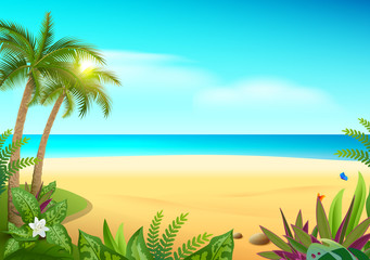 Fototapeta na wymiar Tropical paradise island sandy beach, palm trees and sea