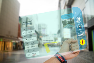 iot, internet of things,concept man use smart watch with augmented reality technology to search the way to last destinations ,application show the detail and picture of destinations while travel