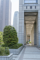 Modern city skyline from street level. Business and technology concept