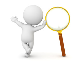 3D Character leaning on magnifying glass