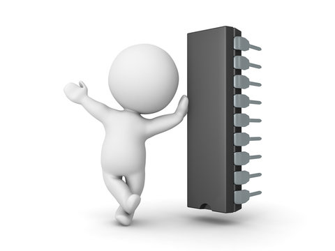 3D Character leaning on a microchip