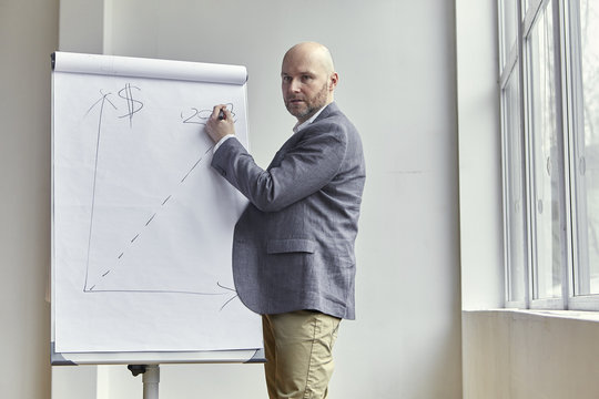 Bald Businessman Wiriting the Date "2018" on a Board