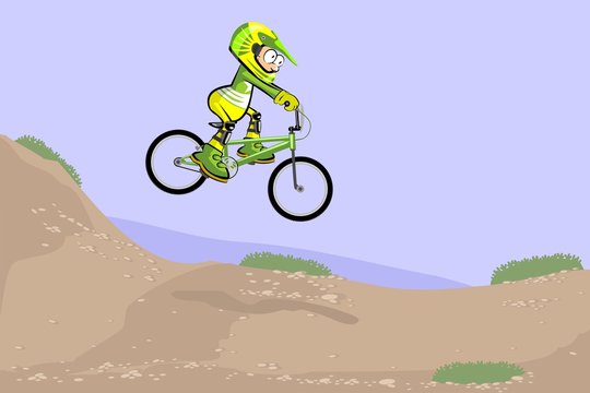 Cyclist riding jumping with bicycle cross-country
