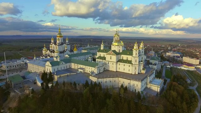 Aerial view of Pochaev Monastery, Orthodox Church, Pochayiv Lavra at the day, Ukraine