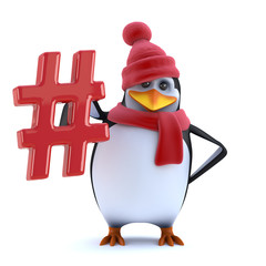 3d Cute cartoon winter penguin in wool hat holds a hash tag symbol