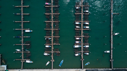 Aerial view over group of fishing boats,Thailand