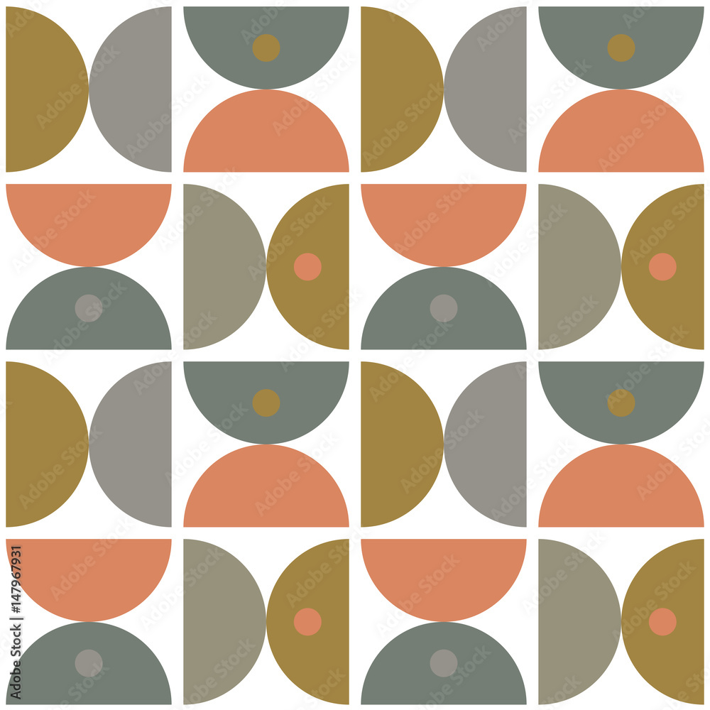 Aufkleber Modern vector abstract seamless geometric pattern with semicircles and circles in retro scandinavian style. Soft pastel orange, mustard yellow, blue and gray shapes on white background.
