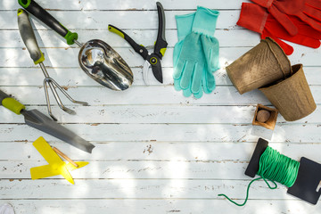 Gardening tools and equipment closeup in the backyard.