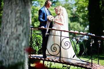 Happy wedding couple in love near small bridge at park on sunny day.