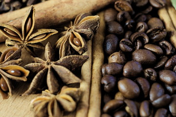 Macro. Spicy seasoning for coffee. Cinnamon, Cloves, Black Pepper, Cardamom, Star anise