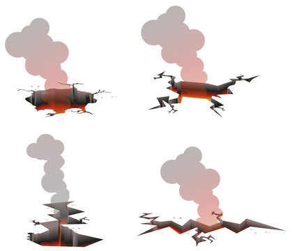 Ground cracks or hole with fire, lava and smoke vector image