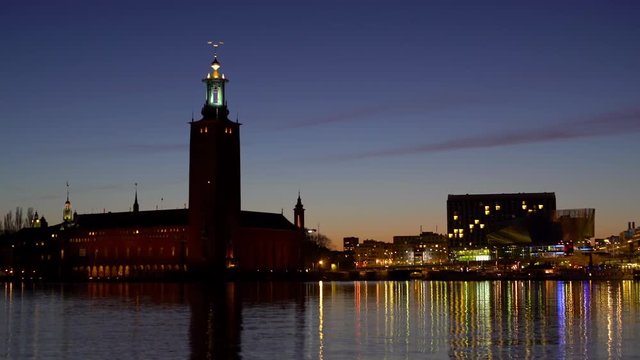 The City Hall in Stockholm at dusk. Panning.