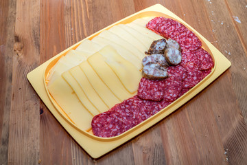 Variety of cheese and sausage