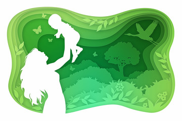 Иллюстрация художественная резьба из бумаги. Мама с младенцем.