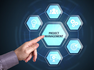 Business, Technology, Internet and network concept. Young businessman shows the word: Project management