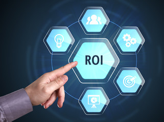 Business, Technology, Internet and network concept. Young businessman shows the word: ROI