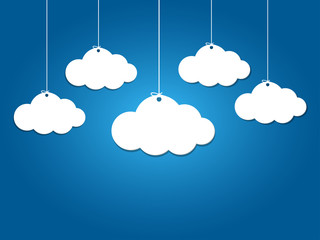 5 paper clouds hanging on blue background.
