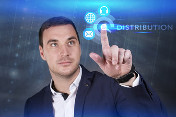 Business, Technology, Internet and network concept. Young businessman working on a virtual screen of the future and sees the inscription: Distribution