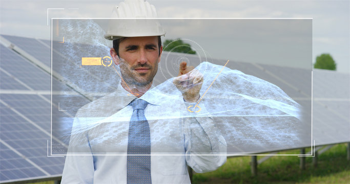 A futuristic engineer-expert in solar photovoltaic panels, uses a hologram with remote control, performs complex actions to monitor the system using clean renewable energy remote support technologies