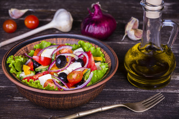 Fresh vegetable greek salad on the table