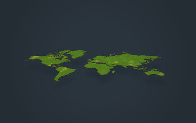 3d green world map on dark background