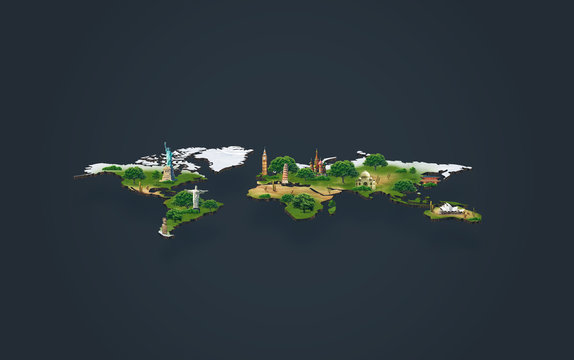 3d illustration of a soil slice, travel, world map with architecture, monuments, forest, sands and snow on dark background
