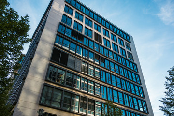 modern office building with colored glass facade