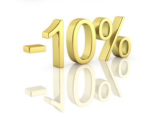 Gold text 10 percent off on white background with reflection 3D render