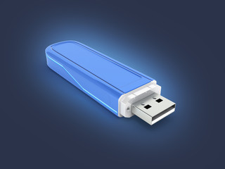 USB flash drive in blue with backlight on dark blue gradient background with reflection 3d