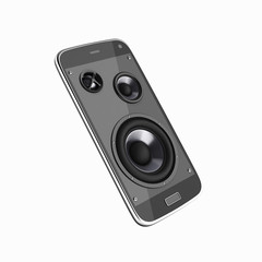 Fototapeta premium Musical smartphone Mobile phone music app Cellphone and loudspeakers without shadow on white background 3d