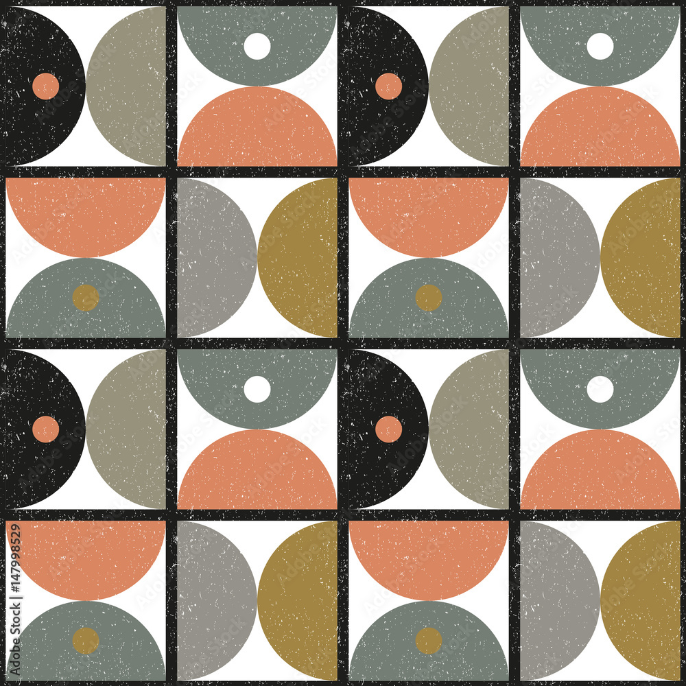 Poster Modern vector abstract seamless geometric pattern with semicircles and circles in retro scandinavian style.