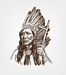 American native chief. Hand drawn illustration.