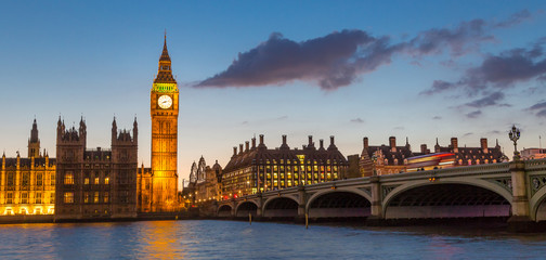 Big Ben, Palace of Westminster aka Houses of Parliament and Westminster's bridge at dusk, London,...