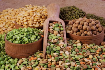 Set of soup with lentils and peas. Different types of legumes