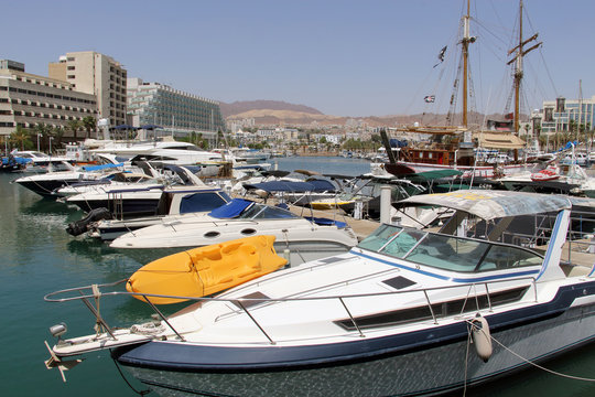Yachts and boats in marina of Eilat.