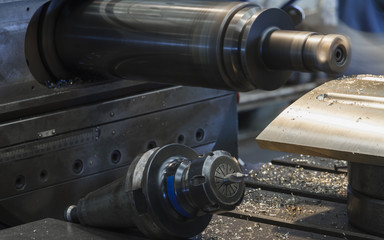 Milling metalworking process. Industrial CNC metal machining by horizontal boring machine. .